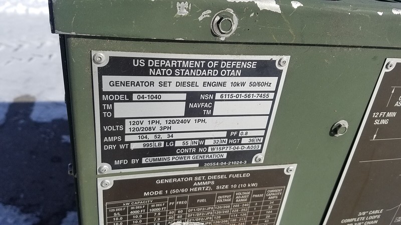 Cummins MEP-1040 AMMPS 10KW Tactical Military Diesel Generator 60HZ  MEP-803a