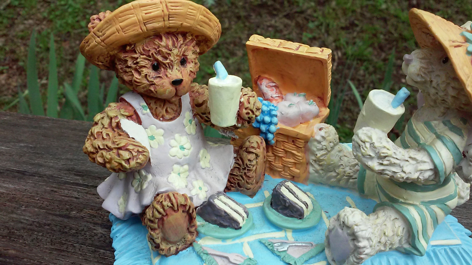 1996 Honeysuckle Hollow Bear and Bunny Rabbit on a Picnic Figurine
