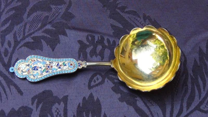ANTIQUE 19c RUSSIAN IMPERIAL SILVER ENAMEL SERVING SPOON by GUSTAV