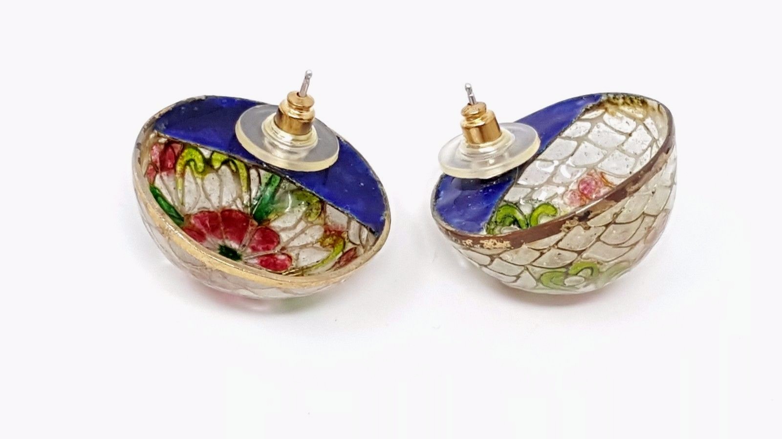 Vintage CHINESE PLIQUE A JOUR ENAMEL Round Pierced earrings