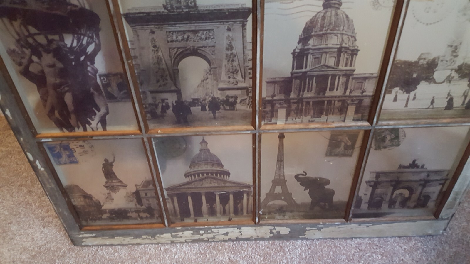 28x40 Antique Large Panelled Window Frame Decor Wallhanger Postcard Stenciled