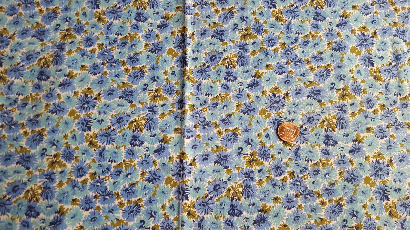 VTG Antique Cotton Fabric 30s Quilt Doll Blue Flowers Turquoise Olive Green