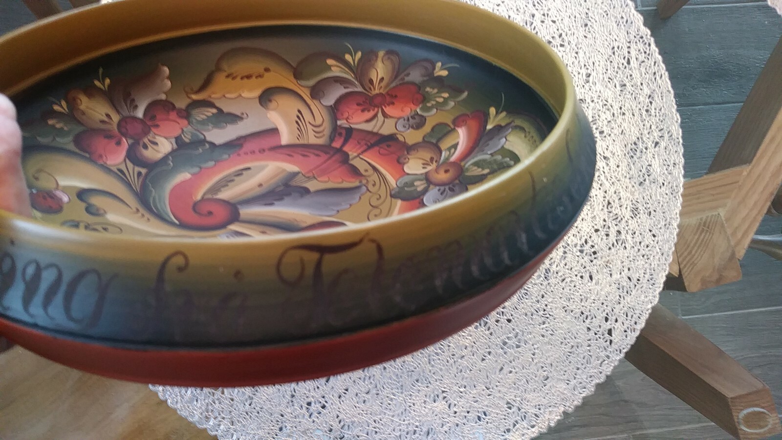 MCM Vintage Wood Tole Painted Bowl. 1983 Solvang California