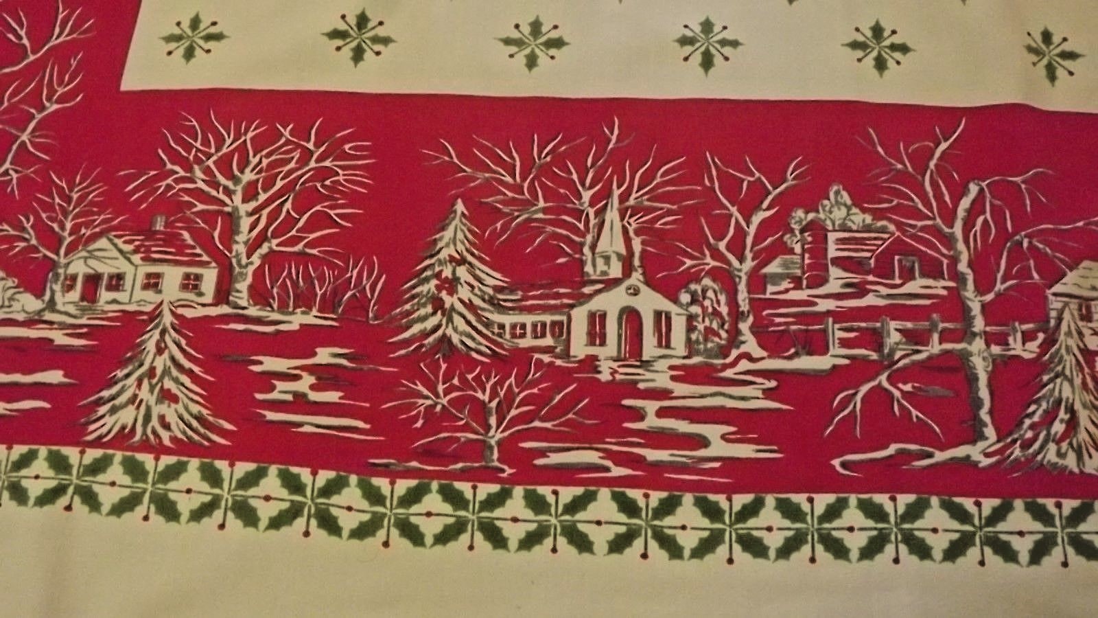 Vintage Christmas Table Cloth Mid-Century Country Scene, Holly Rectangle 58