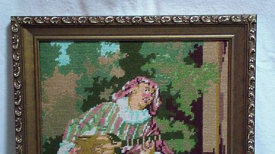 Vintage Framed Art Needlepoint The Banjo Player by JEAN-ANTOINE WATTEAU 18 X 14