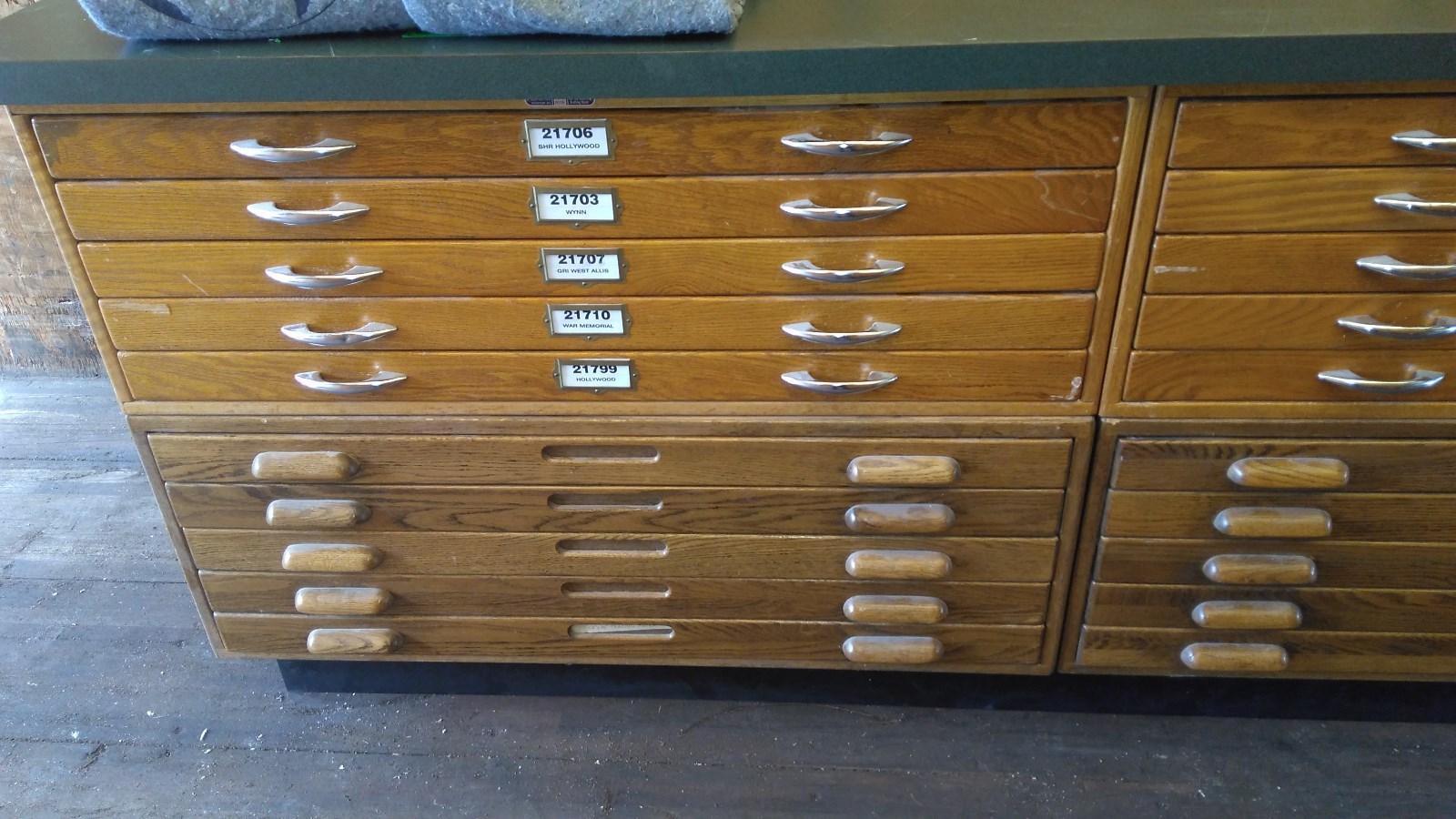 Mayline Oak Flat File Cabinet 20 Drawer unit with top and base Drafting