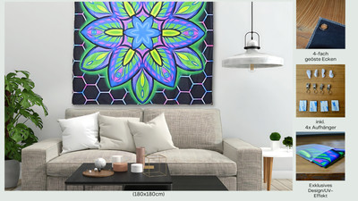 Tapestry, Blacklight UV Reactive Neon Glow in the Dark Mandal Tapestries, Flower