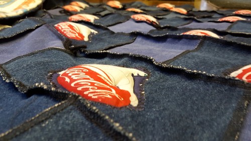 Quilt - throw size 2' x 4' - Denim & Fleece - Coca Cola Bear Theme Recycled jean
