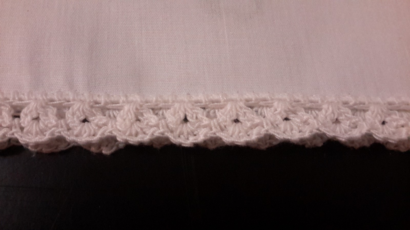 Vintage Lovely White Runner Cross-Sitched Varigated Blue Flowers Crochet Trim