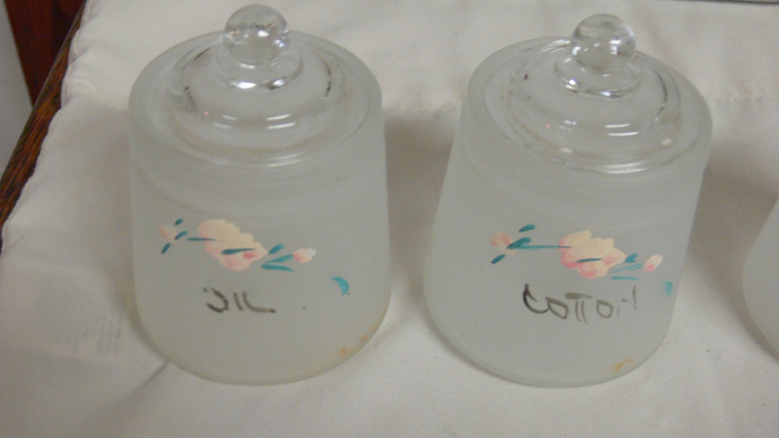 Victorian Art Deco Frosted HP Glass Powder Jar Dresser Set Cotton Oil Boric