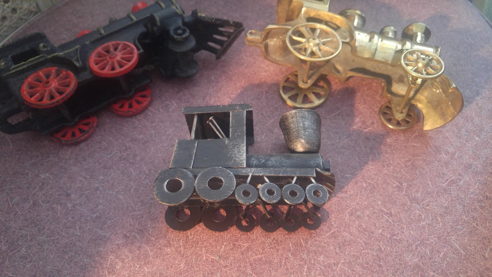 Vintage Black  and Gold Metal Trains Engine, Crude Designand