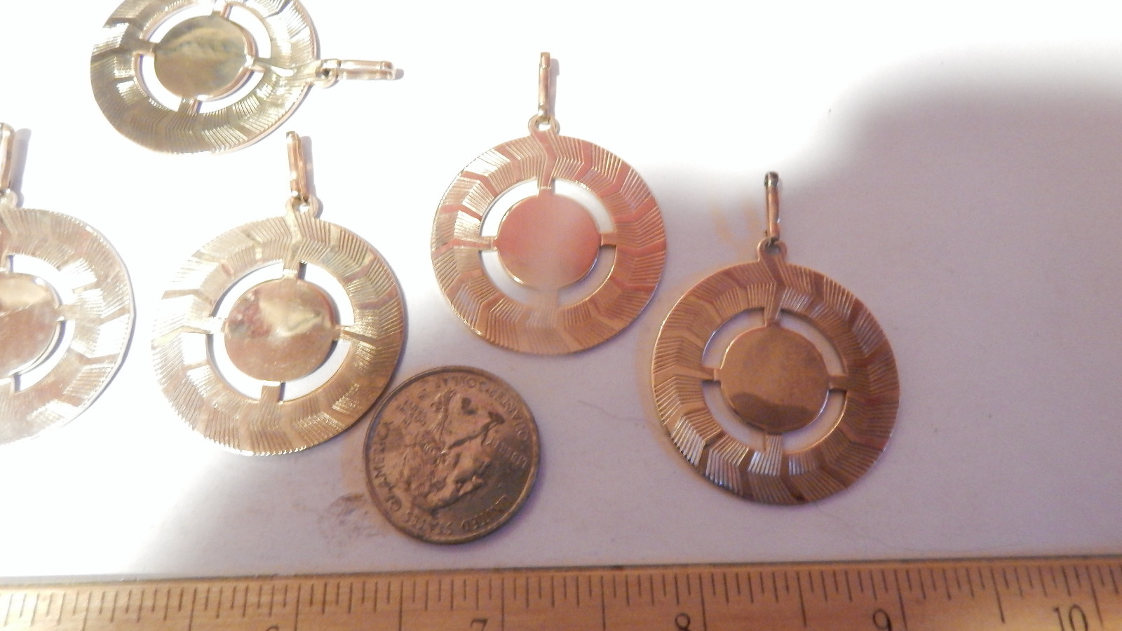 6 VINTAGE LARGE GOLD PLATE DISC CHARM PENDANTS
