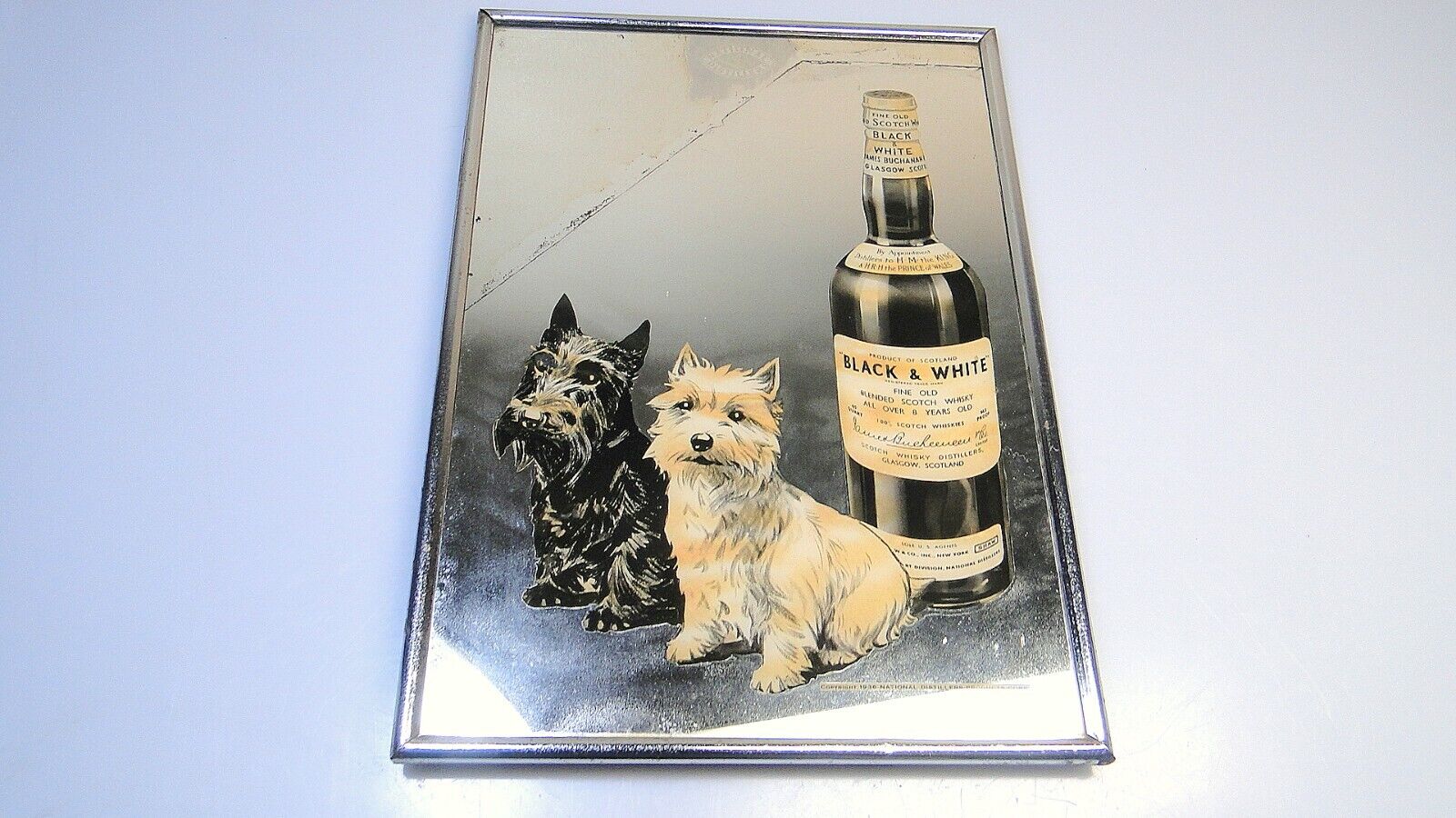 Vintage 30s Deco Black & White Scotch Whisky Bar Mirror w Dogs & Bottle