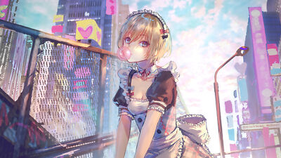 Anime girls blonde short hair maid outfit building city playmat gaming mat