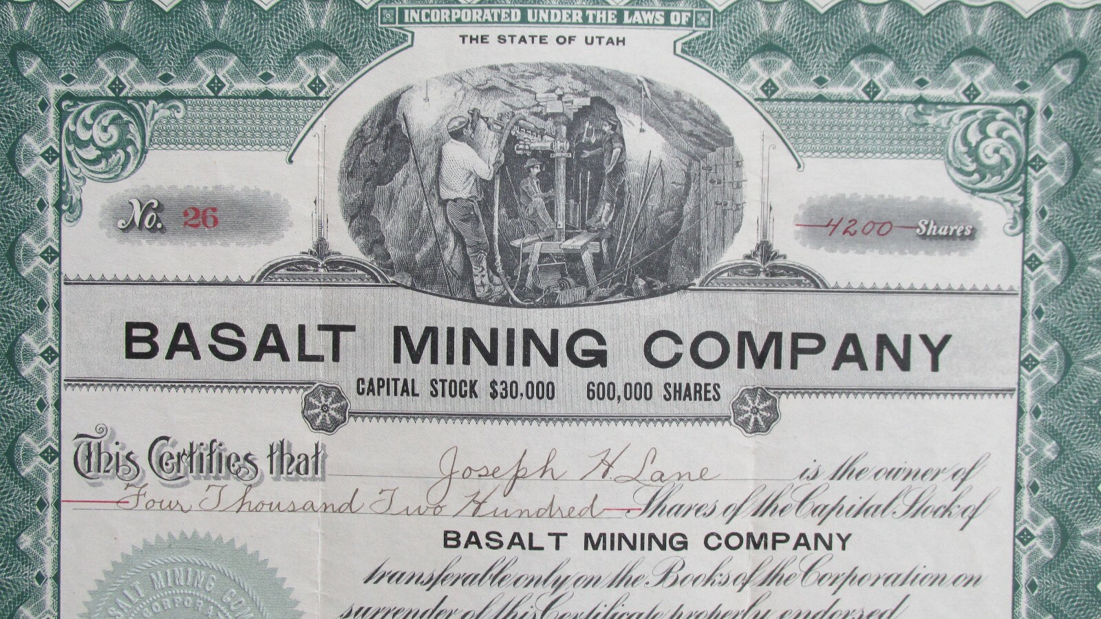 1915 Basalt Mining Company Stock-Salt Lake City Utah-Signed-Uncancelled-5 Cents