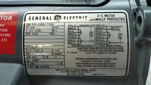 GE Farm Duty ELECTRIC Motor 3/4HP 1725 RPM 115/230V