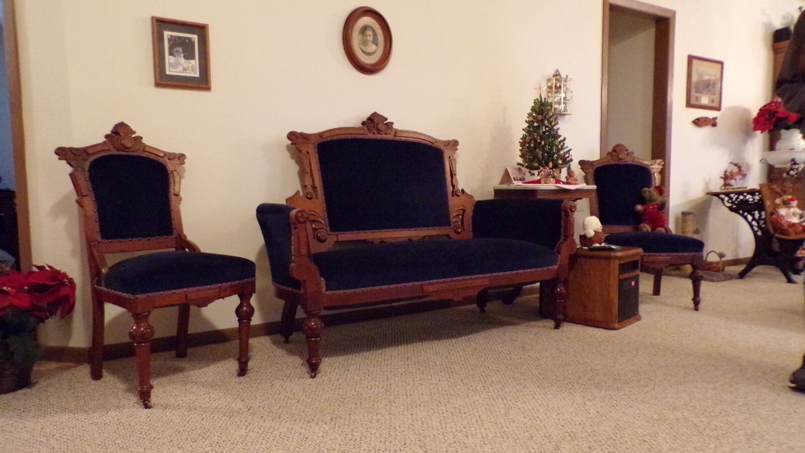 Antique Victorian Blue Velvet 3 Piece Parlor Set