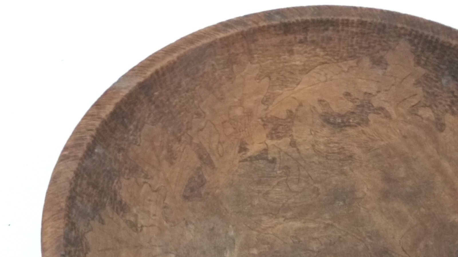 Wooden 10 Inch Bread Bowl - Hand Carved Leaves & Rabbit Scene On Interior     SH