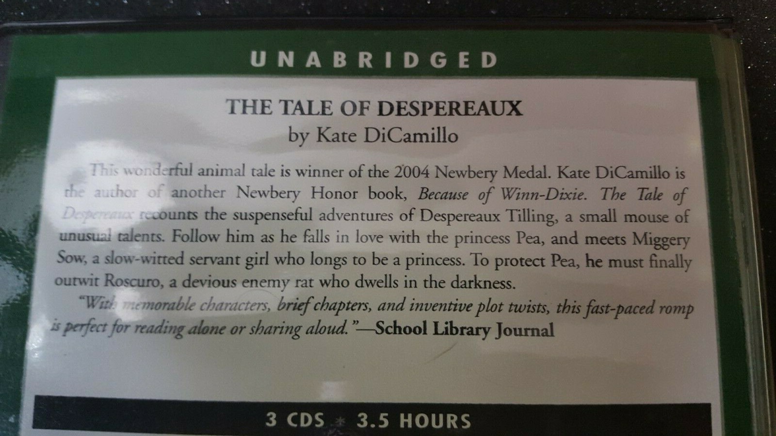 Listening Library- The Tale of Despereaux By Kate DiCamillo 3 Disc Set