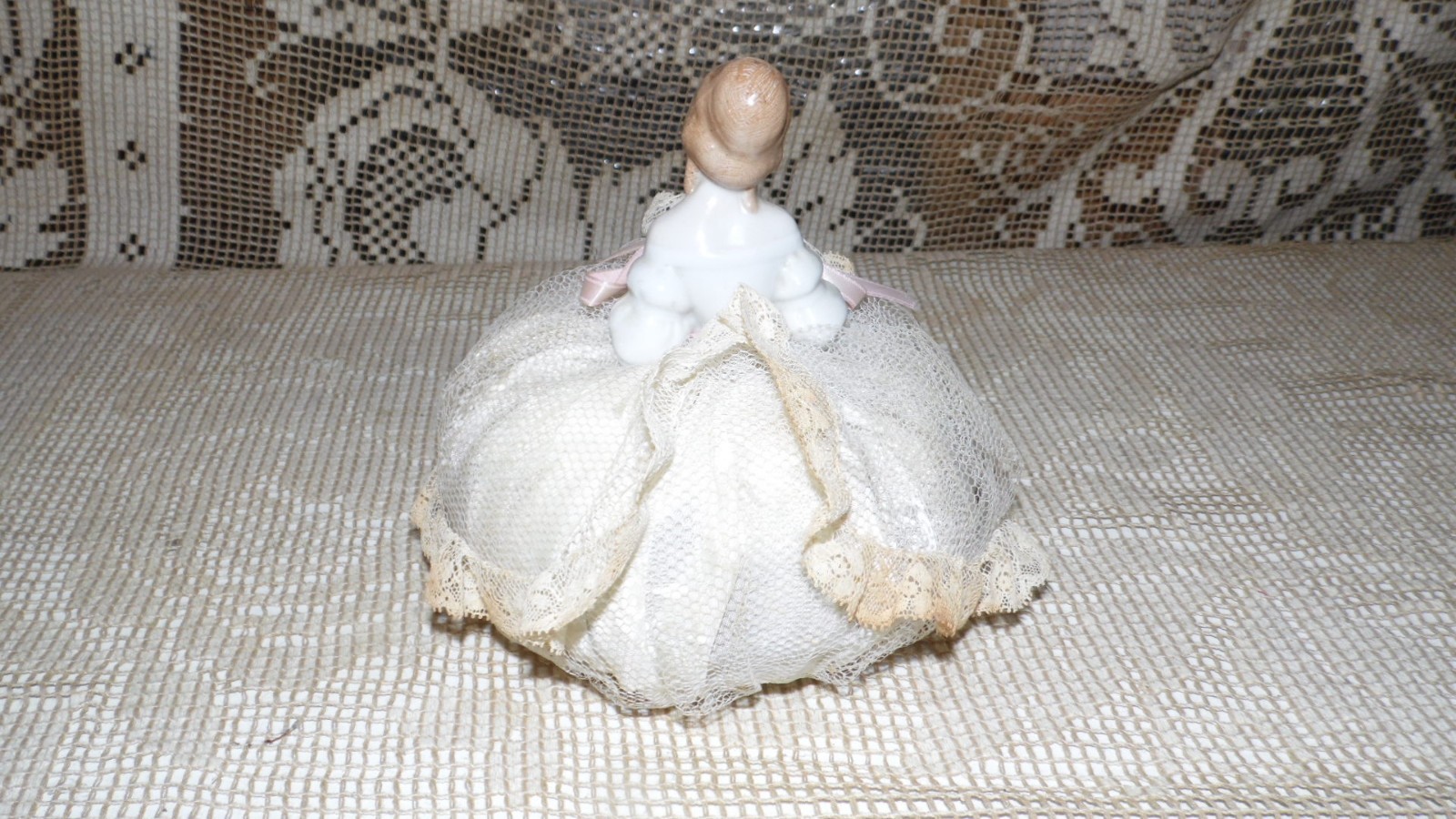 VINTAGE PORCELAIN GERMANY HALF DOLL PIN CUSHION WHITE PINK LACE RIBBONS