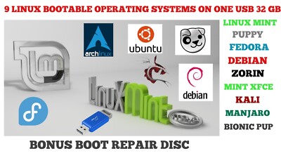 Bootable 32gb Usb With 9 Linux 64 Bit Operating Systems On One Flash Drive 