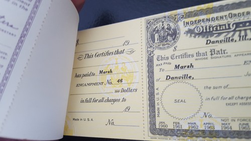 Odd Fellows IOOF 1960s Official Certificate Blank Receipt Booklet Danville, IL