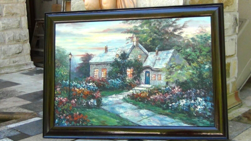 After Thomas Kinkade Oil On Canvas "cottage At Evening",custom Wood  Frame