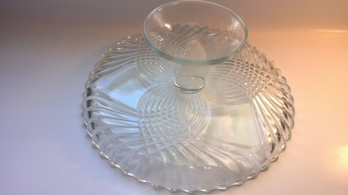 Vintage Heavy Clear Glass Pedestal Cake Stand Ornate  Pressed Glass