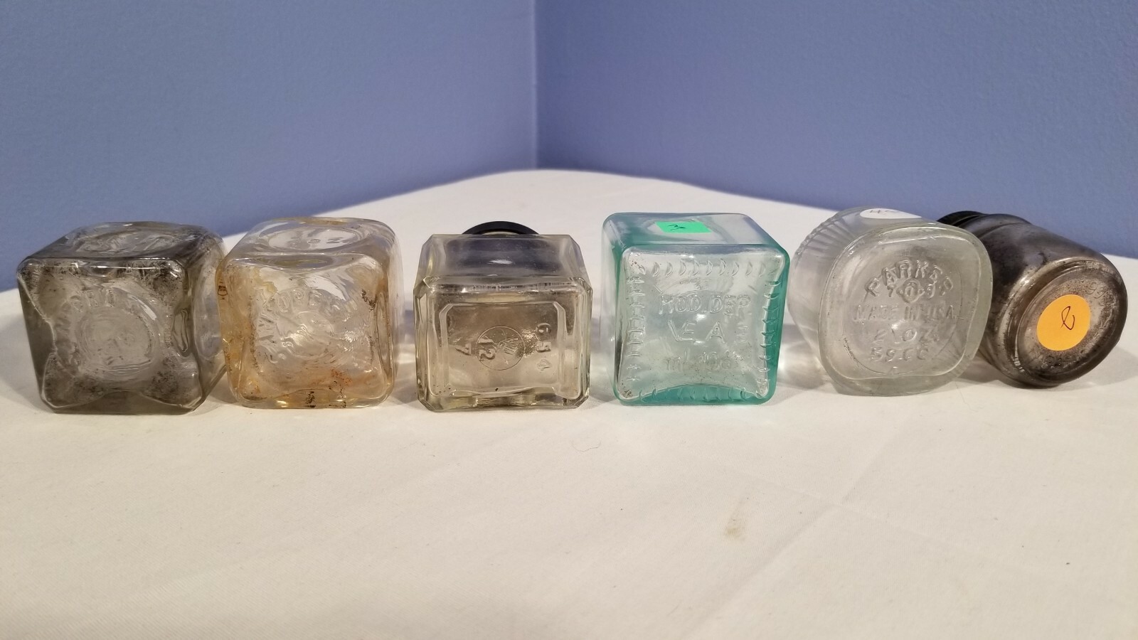 Lot of 6 Vintage Glass Inkwell, Parker, Sanford, Skrip, Aqua/Blue - Fountain Pen