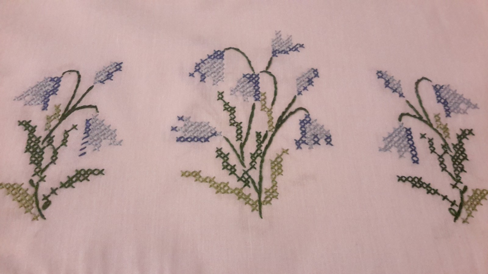 Vintage Lovely White Runner Cross-Sitched Varigated Blue Flowers Crochet Trim
