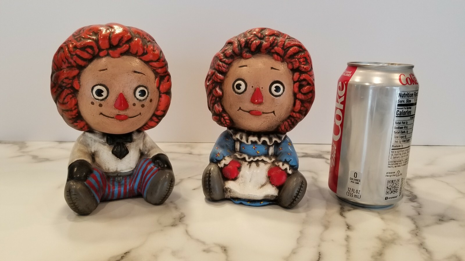 Vintage Retro Pair Raggedy Ann & Andy Ceramic Figurines, Yozie Molds