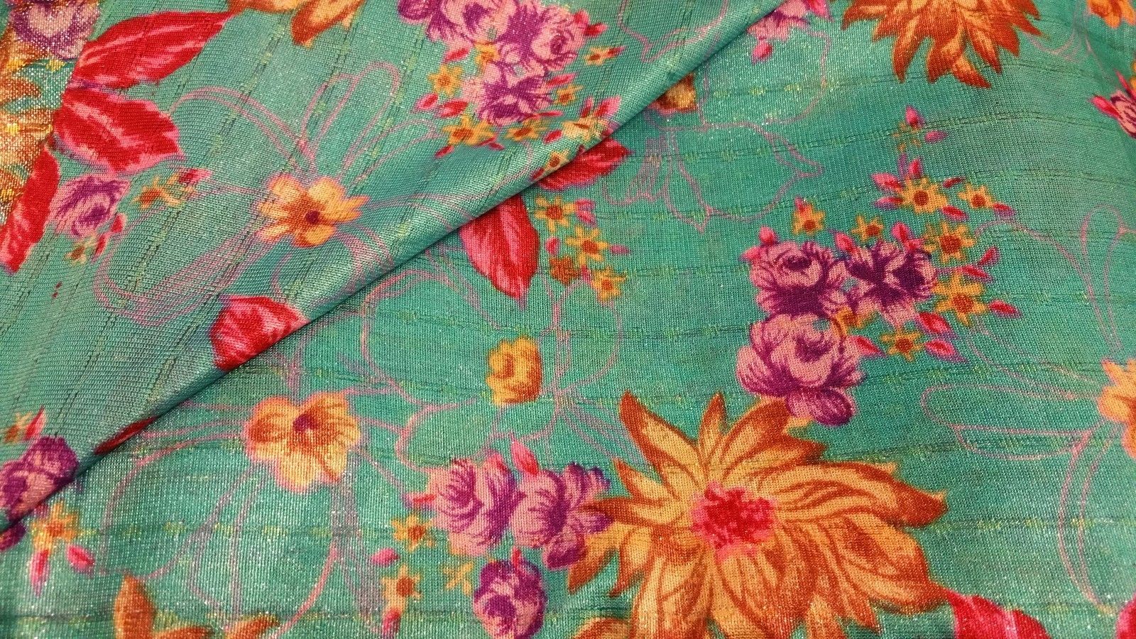 Shiny Teal with Flowers Fabric Fabrics sz 4 1/3