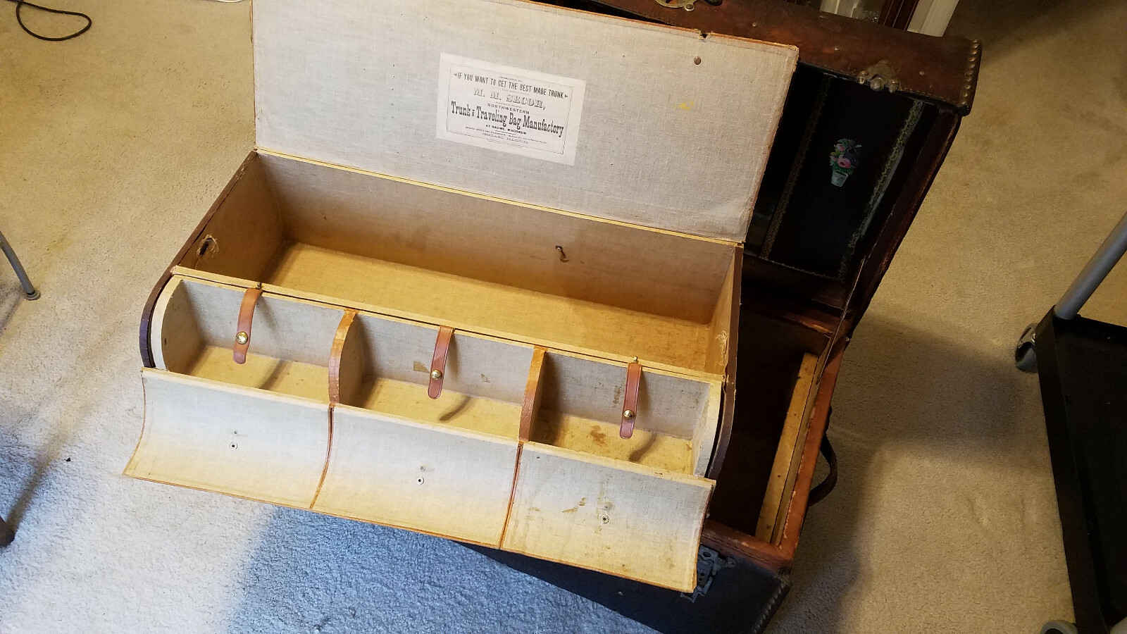 Antique leather dome top M. M. Secor steamer trunk