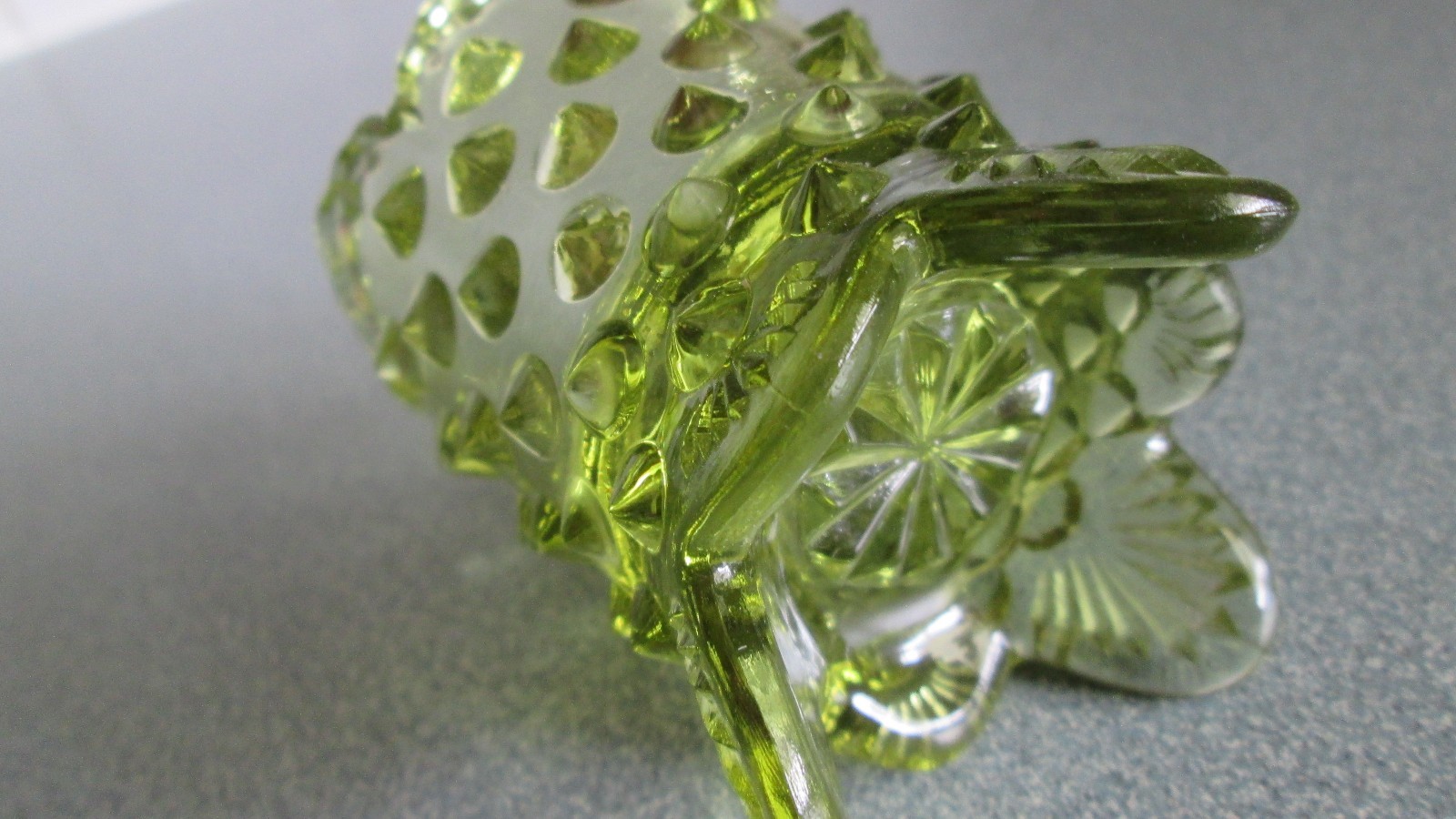 Vintage Toothpick Holder Pointed Hobnail Glass Pale Olive Green Footed