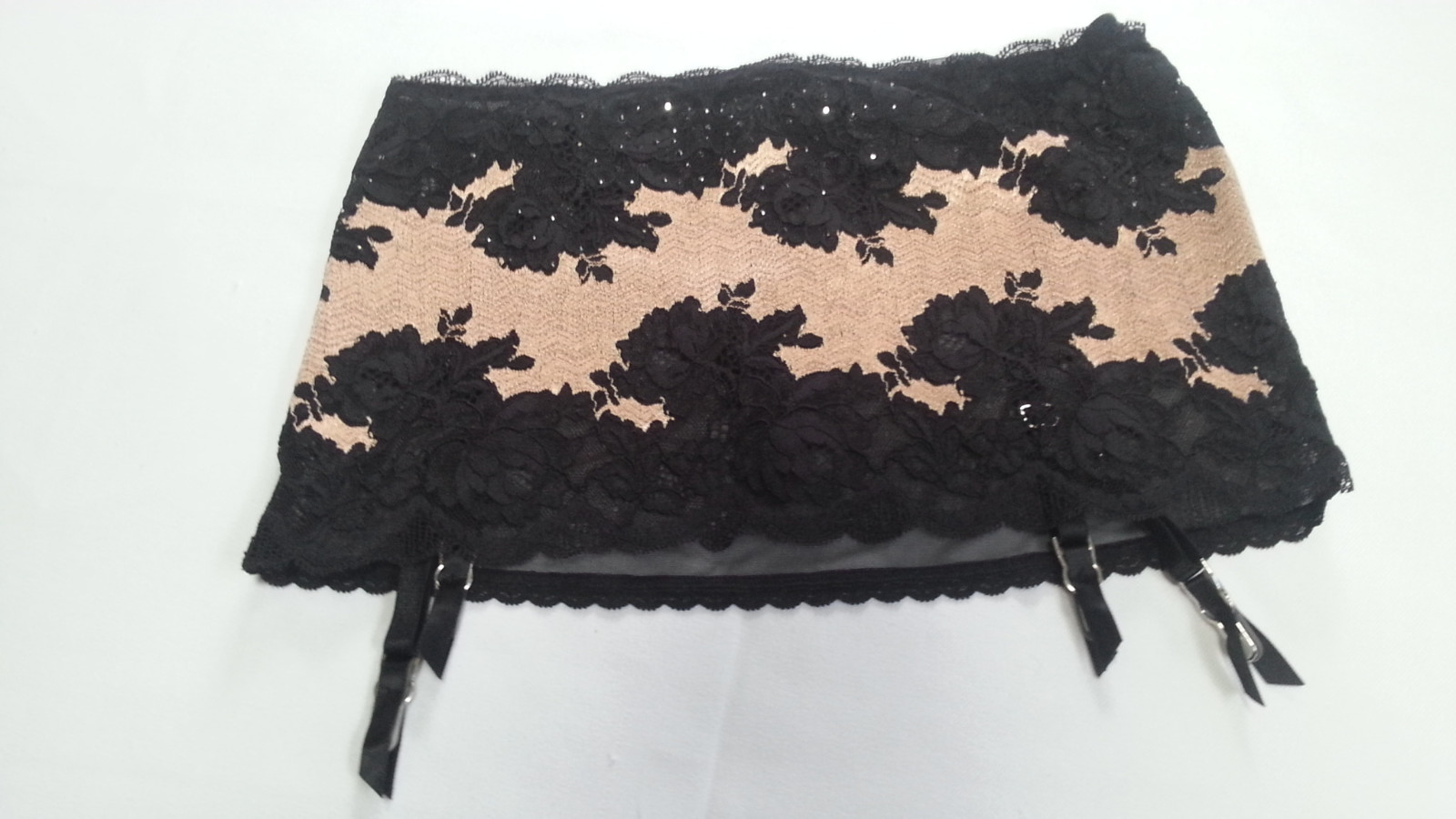 Victoria's Secret Garter Belt Black Lace Studs Rhinestones Sheer Roses Floral S