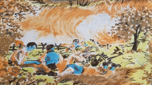 Vintage Retro Knit Fabric Country Scenes Fishing Swimming Mill Pond 60