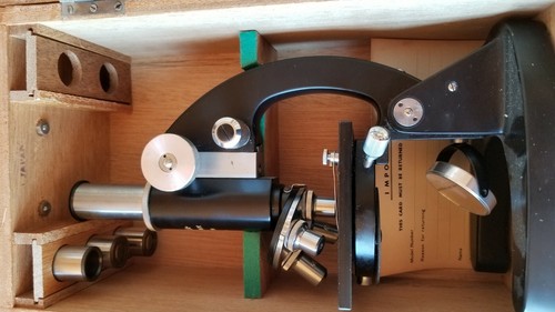 VINTAGE LAFAYETTE 99-7041 WX MICROSCOPE WOODEN CASE WITH ACCESSORIES SLIDES