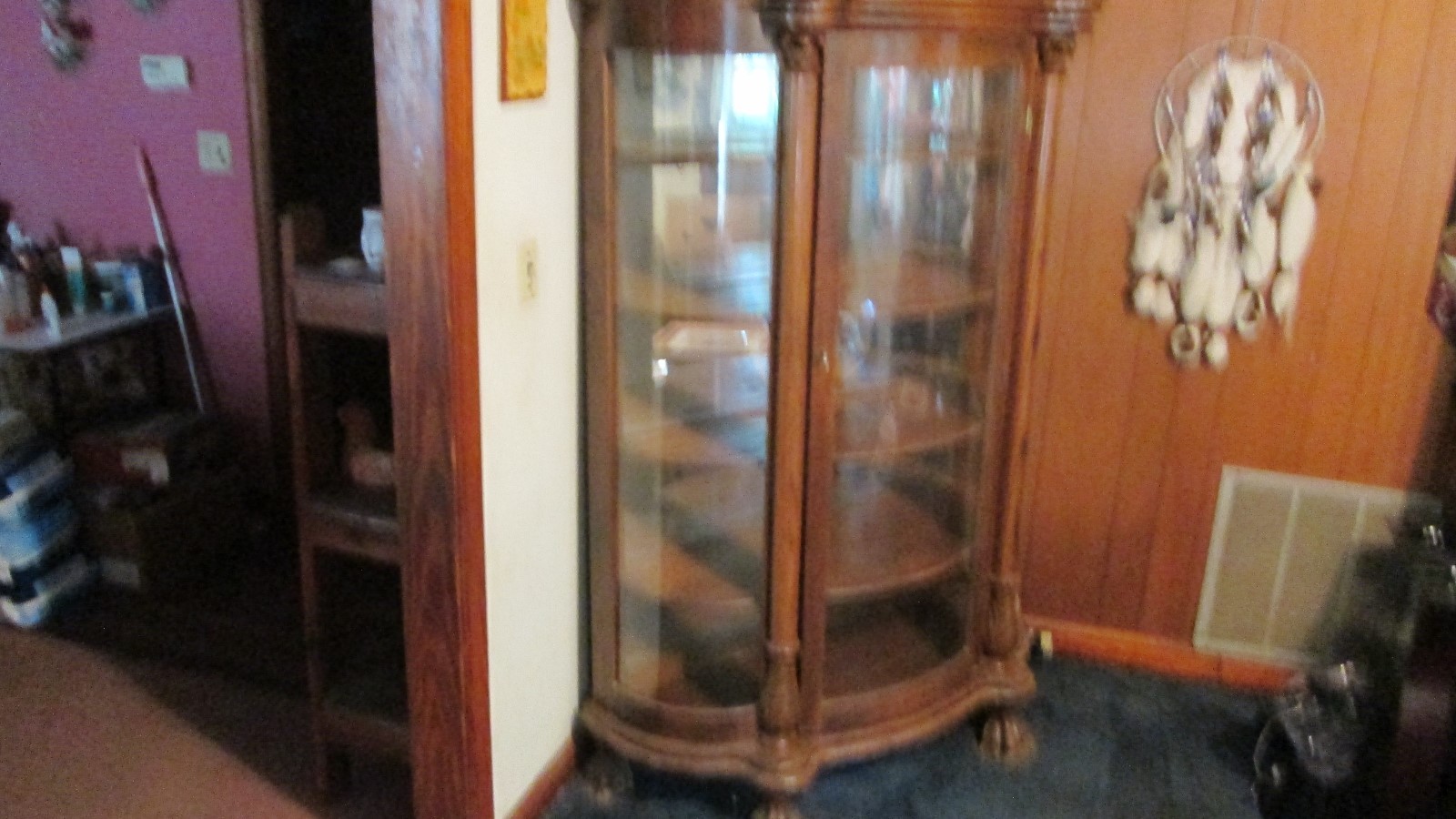Vintage American Solid Oak Bow Front China Cabinet Lions Feet with mirrored back