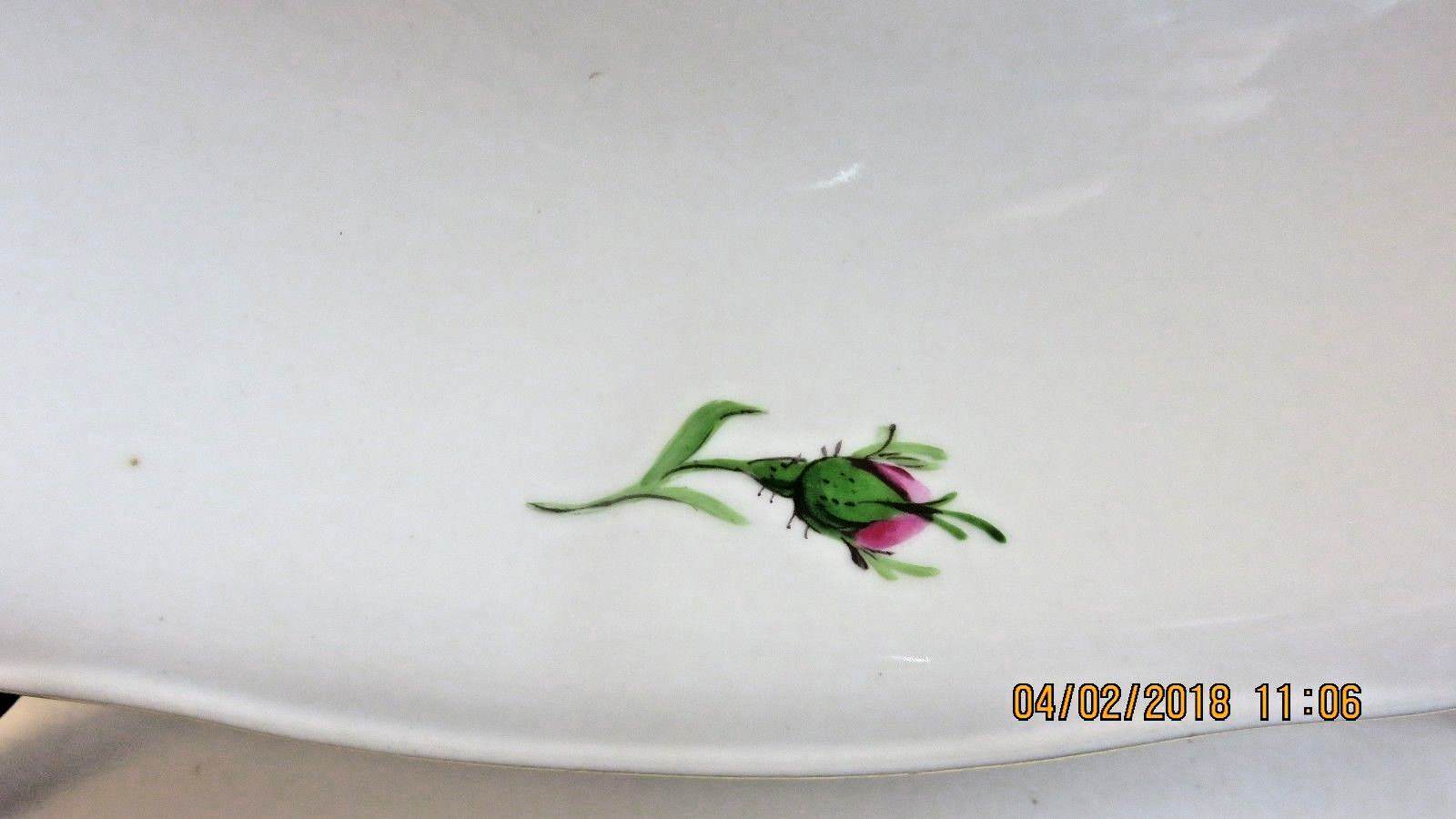 Meissen Pink Rose Oval Serving Bowl Blue Cross Sword Mark - Second Germany