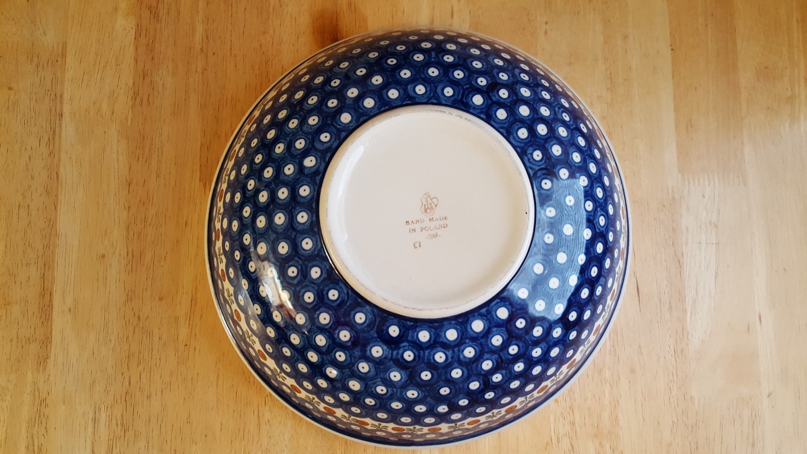 Large Vintage Polish Pottery Boleslawiec Blue Peacock Dots Mixing Bowl 12 3/4