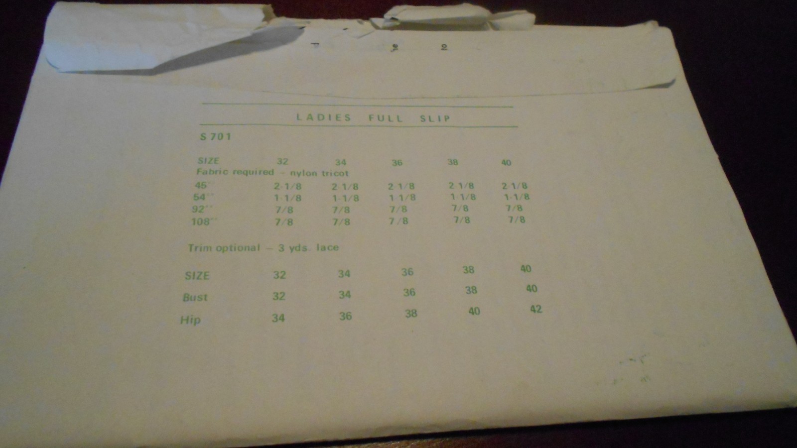 SEW LOVELY LINGERIE PATTERN S701– FULL-SLIP -LADIES 32-40 UNCUT 1969