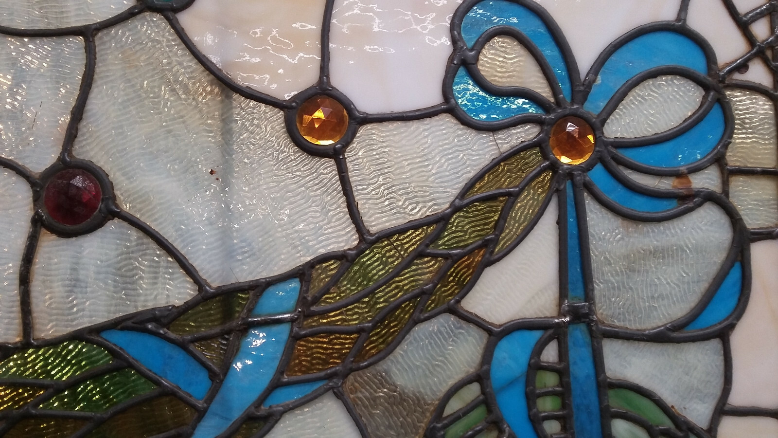 Vintage ANTIQUE STAINED GLASS 19th C WINDOW with Eighteen Jewels