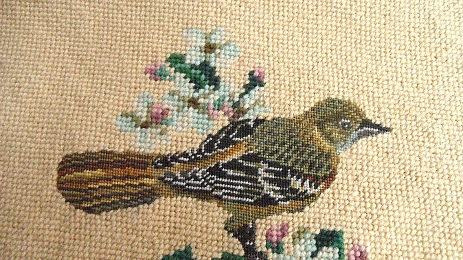 finished needlepoint bird Mockingbird square 13