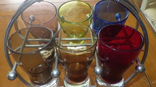 Colorful Cordial Shot Liqueur glasses in Round Chrome Carrier GUC Red Yellow +