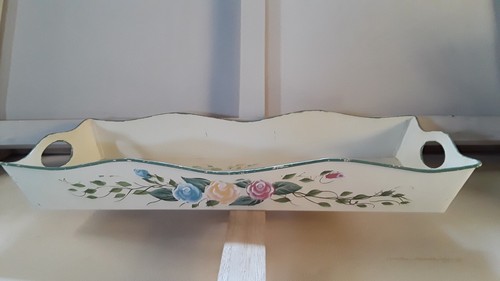 Long Toleware Tray Vintage, Green, blue, Pink, Handled, Floral Roses Shabby Chic