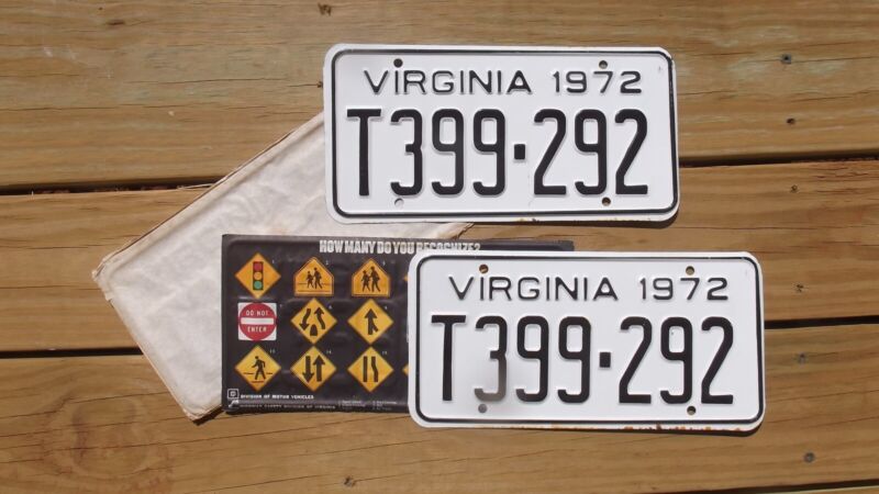 New Unissued  Pair 1972 Virginia License Plates Original Error White Background