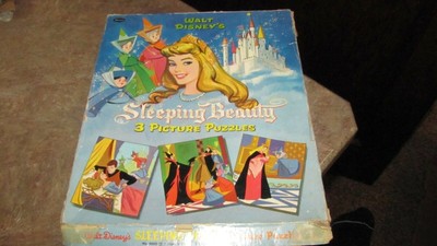 LOT 3 WALT DISNEY'S SLEEPING BEAUTY PICTURE PUZZLES WITH BOX BY WHITMAN 1958
