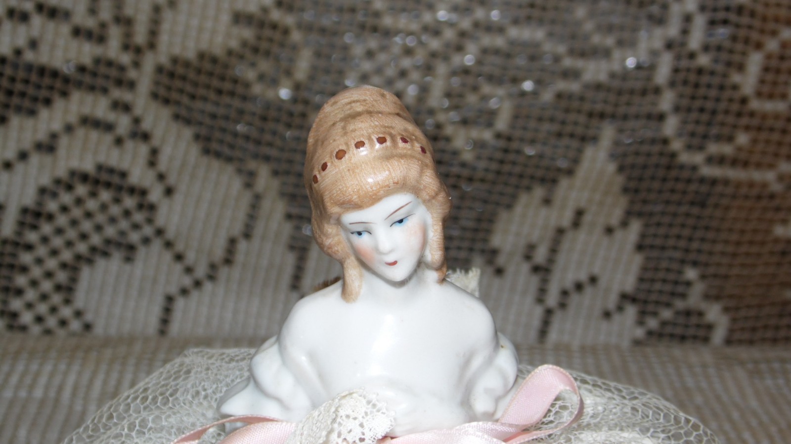 VINTAGE PORCELAIN GERMANY HALF DOLL PIN CUSHION WHITE PINK LACE RIBBONS