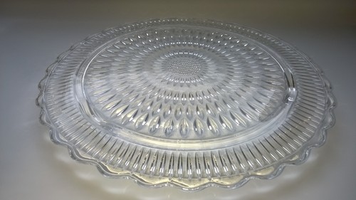 Vintage  Large  Mid-Century Chrome Cake Saver  Pressed Glass Plate  USA Made