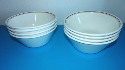 (8) Corelle White With Thin Gray &Yellow Stripe, DEEP Soup / Cereal Bowls 6 .5''